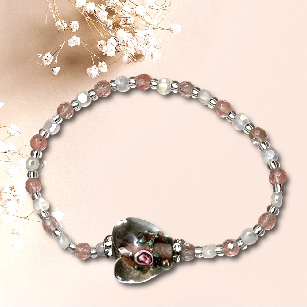 Heart Shaped Glass Pink Silver Multi Toned Handmade Bracelet